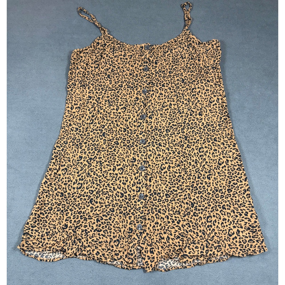 H&M Mini Dress Womens 12 Tan Leopard Button Front Adjustable Spaghetti Strap